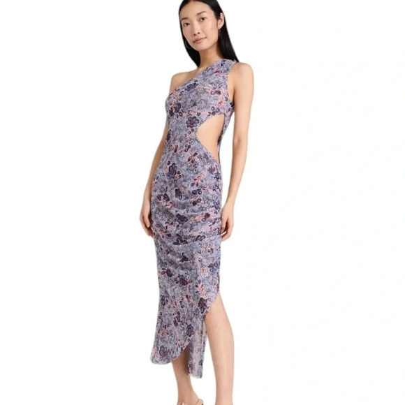 MISA Aries Mesh Cut Out Midi Dress in Feathered Floral Blue Size XL NWT - Picture 13 of 13